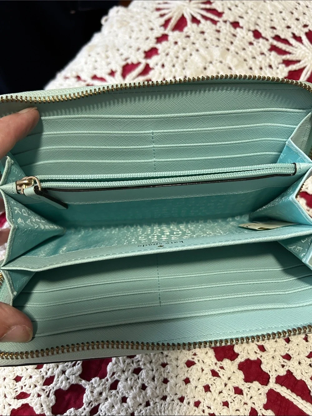 kate spade Pale Blue Saffiano Zip Around Wallet with Gold Plaque
